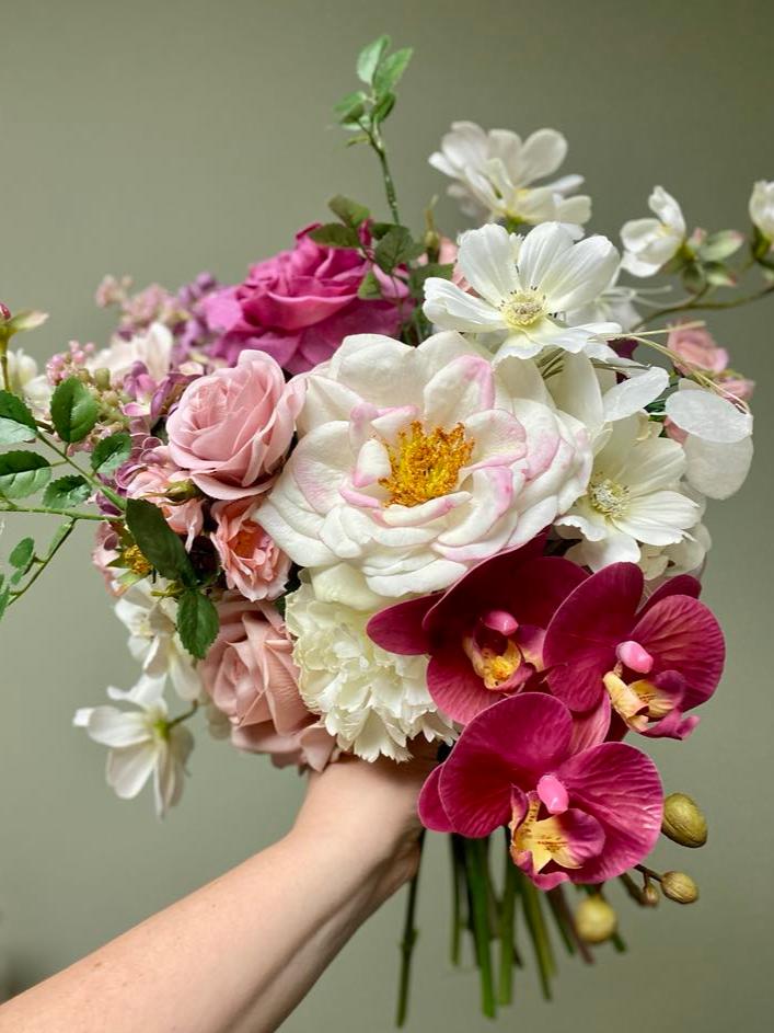 'Priscilla' Elopement Collection whimsical pink ivory fuchsia bridal bouquet with cosmos orchids carnation and roses hand tied by Love & Lilacs wedding florist of Edmonton Alberta