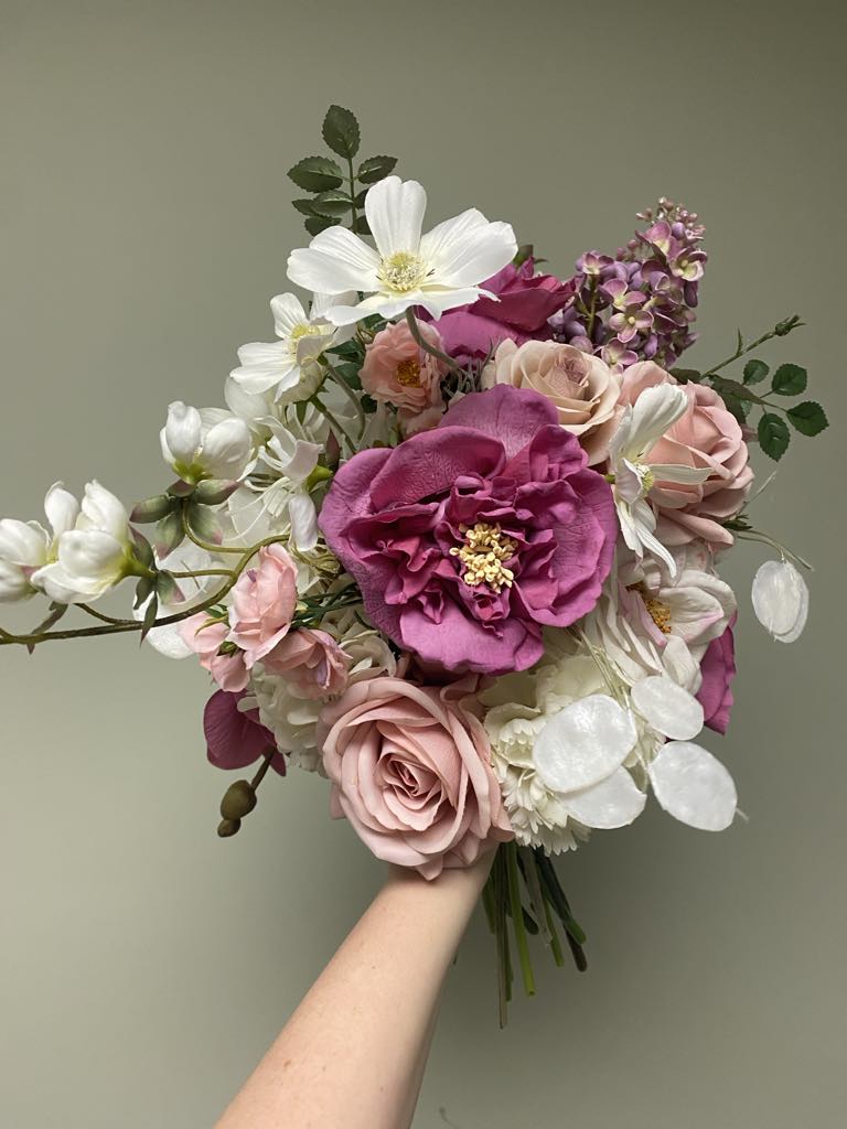 'Priscilla' Elopement Collection whimsical pink ivory fuchsia bridal bouquet with cosmos orchids carnation and roses hand tied by Love & Lilacs wedding florist of Edmonton Alberta