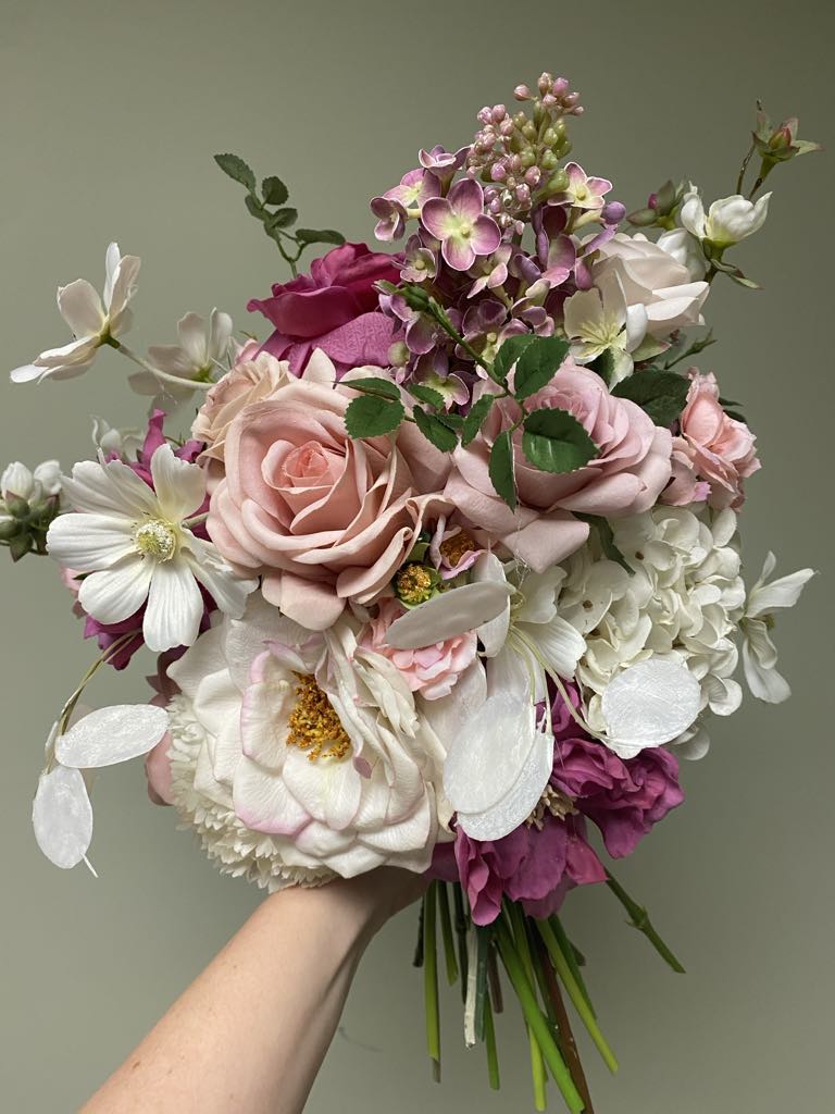 'Priscilla' Elopement Collection whimsical pink ivory fuchsia bridal bouquet with cosmos orchids carnation and roses hand tied by Love & Lilacs wedding florist of Edmonton Alberta