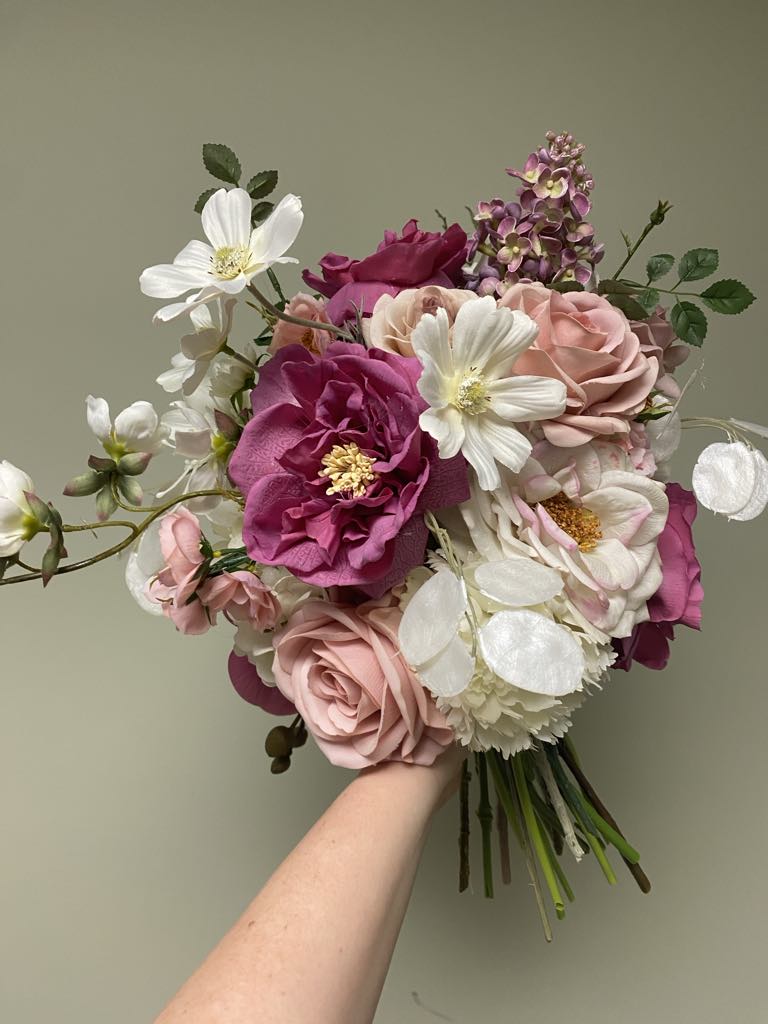 'Priscilla' Elopement Collection whimsical pink ivory fuchsia bridal bouquet with cosmos orchids carnation and roses hand tied by Love & Lilacs wedding florist of Edmonton Alberta