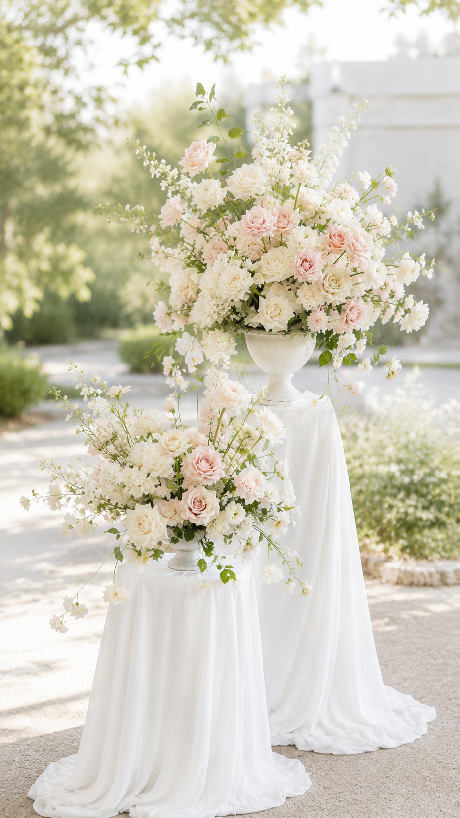 Floral Pillars Ceremony Installation - Blush & Ivory Collection | Neutral Romantic Wedding Rental Set