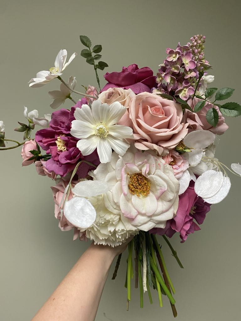 'Priscilla' Elopement Collection whimsical pink ivory fuchsia bridal bouquet with cosmos orchids carnation and roses hand tied by Love & Lilacs wedding florist of Edmonton Alberta