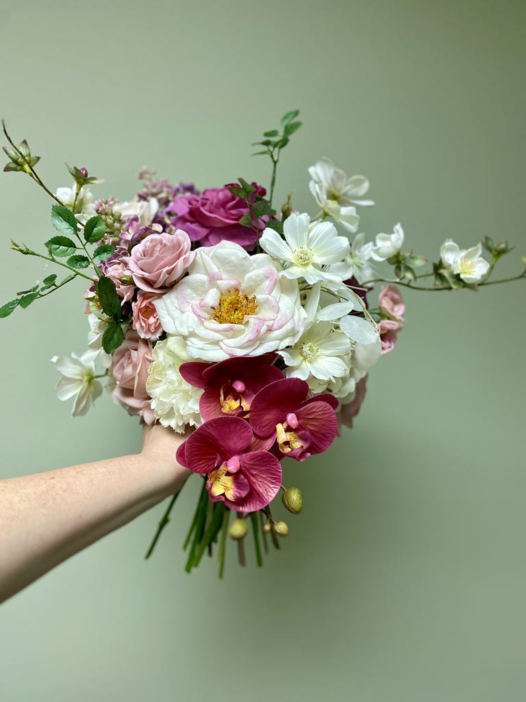 'Priscilla' Elopement Collection whimsical pink ivory fuchsia bridal bouquet with cosmos orchids carnation and roses hand tied by Love & Lilacs wedding florist of Edmonton Alberta