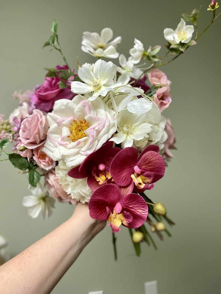 'Priscilla' Elopement Collection whimsical pink ivory fuchsia bridal bouquet with cosmos orchids carnation and roses hand tied by Love & Lilacs wedding florist of Edmonton Alberta