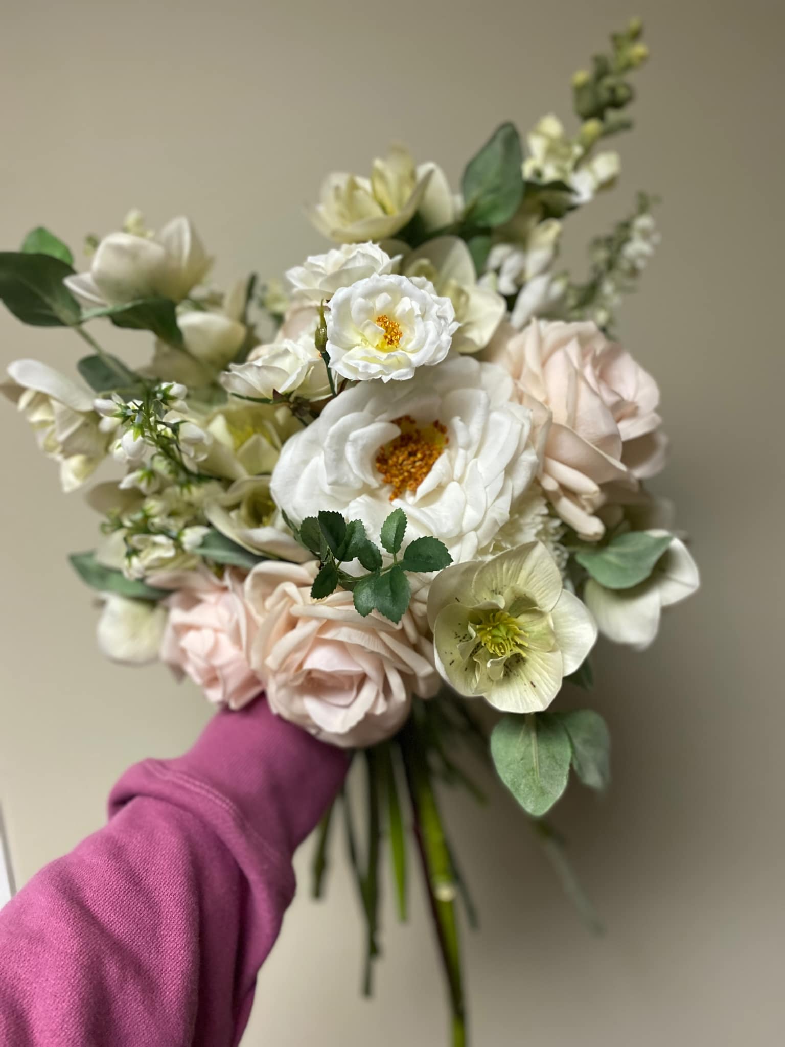 'Celeste' Elopement Collection Artificial faux floral bridal wedding bouquet in soft sage green, blush pink and ivory white with roses, hellebore and snapdragon by faux florist Love & Lilacs Boutique of Edmonton Alberta Canada