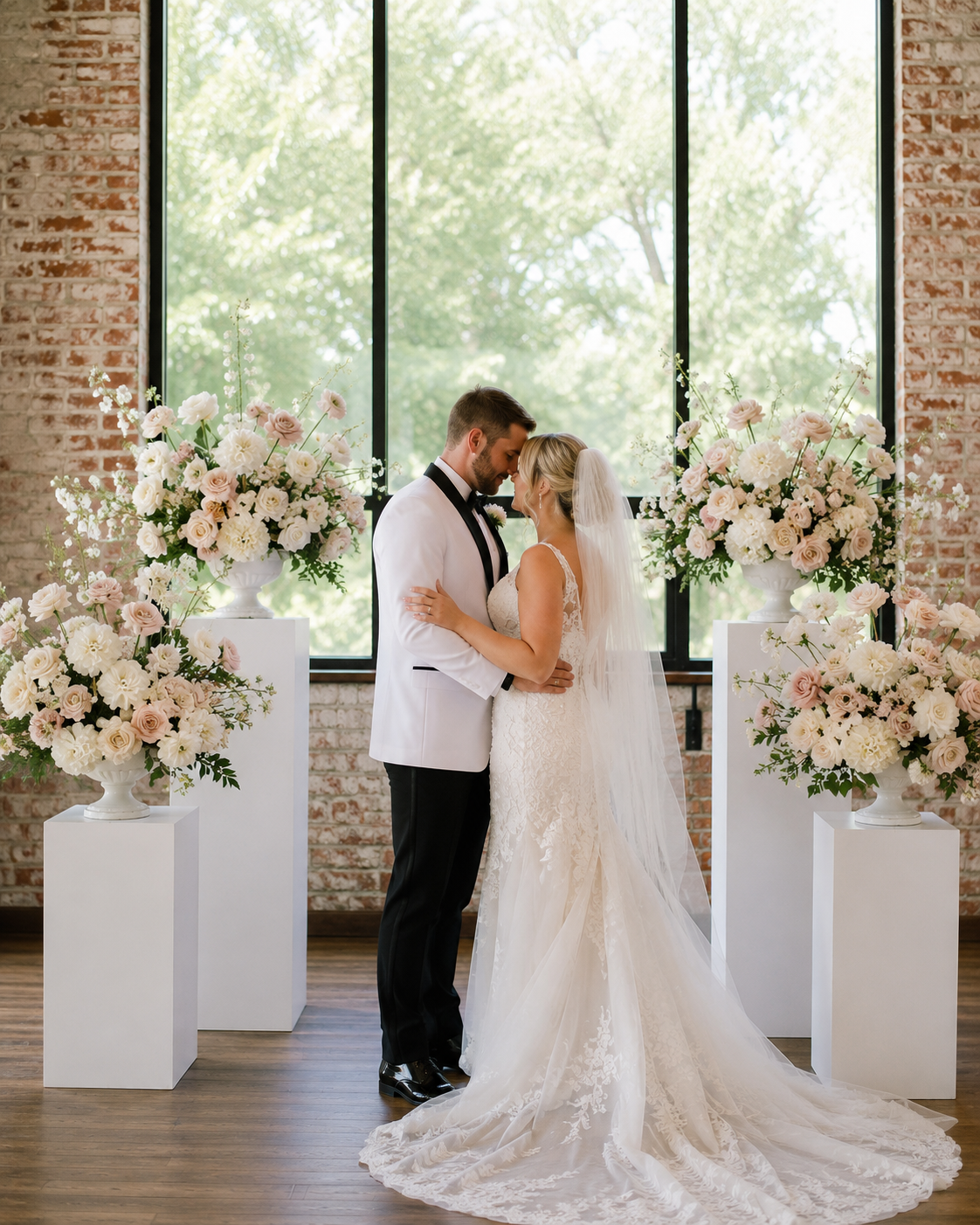 Floral Pedestals Ceremony Installation - Blush & Ivory Collection | Neutral Romantic Wedding Rental Set