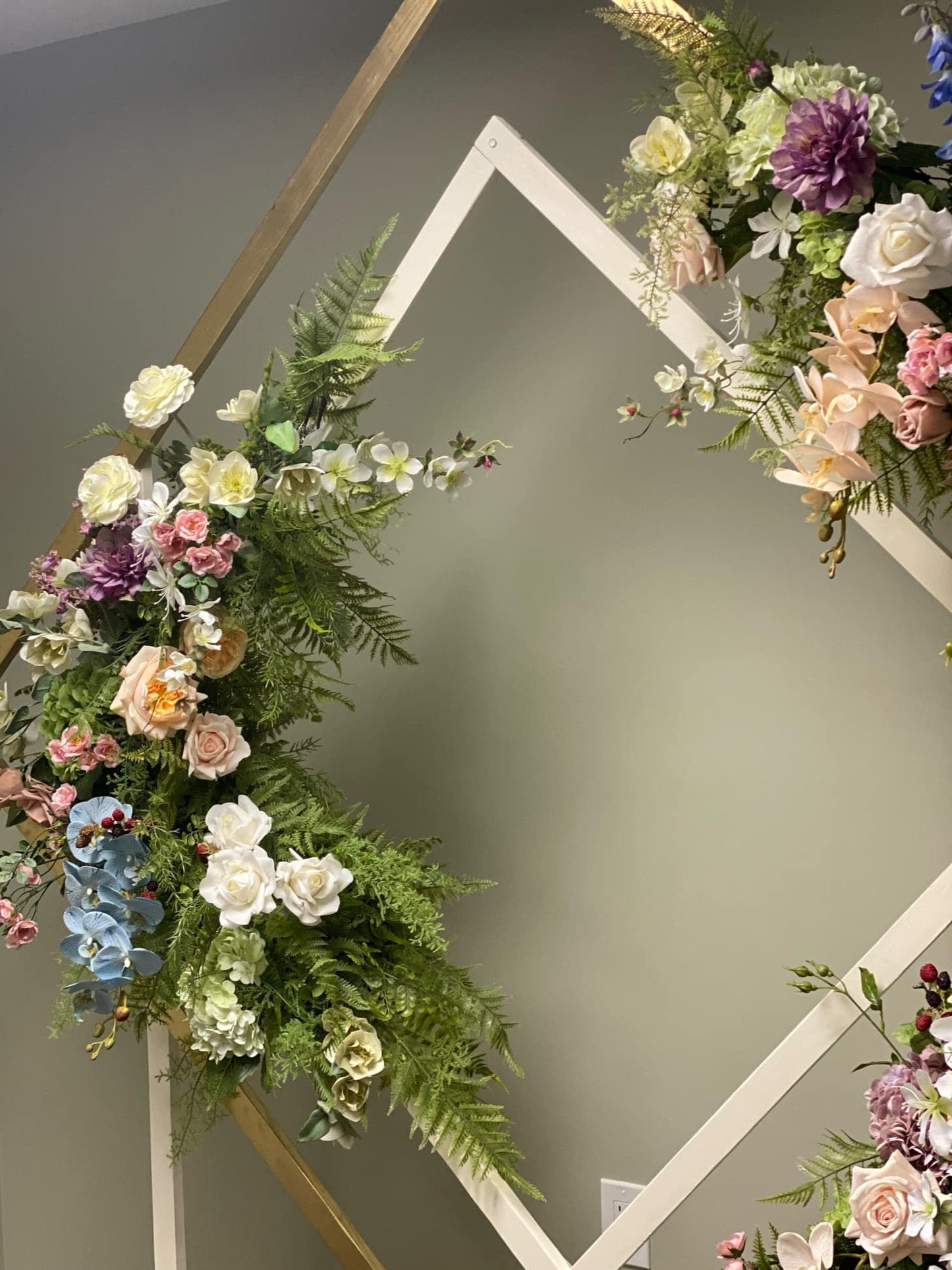 Chelsea Geometric diamond Wedding Arch Rental with custom faux florals edmonton