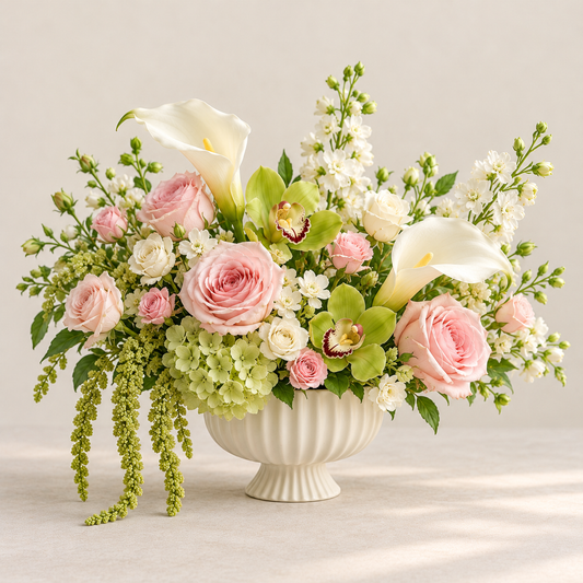 CUSTOM Compote Centrepiece - Pink & Green Collection | Wedding Flowers