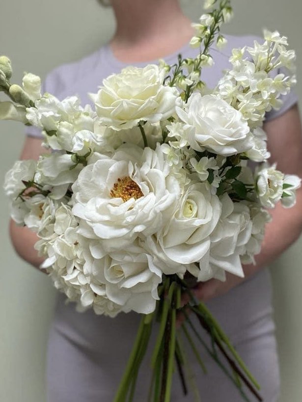 white lilac rose hydrangea bouquet faux artificial Edmonton Alberta wedding flowers