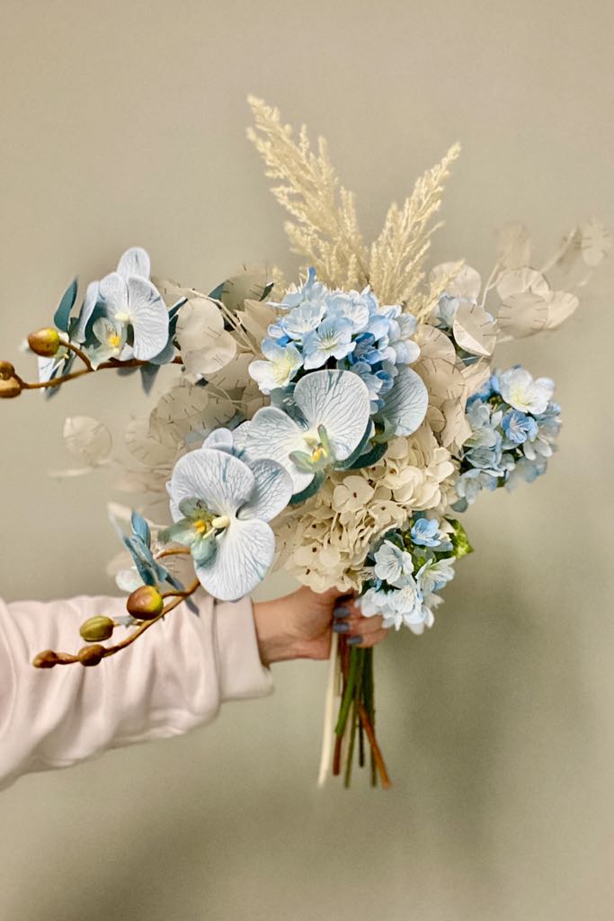 Dusty blue ivory orchid hydrangea boho wedding bouquet artificial faux flowers edmonton alberta